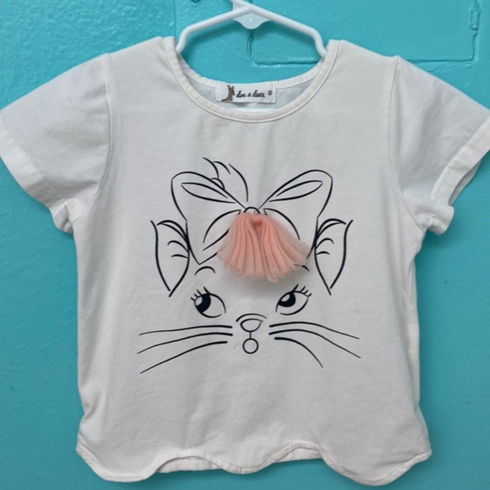Doe-A-Dear Girl's Kitty Wearing A Tulle Bow T-Shirt  - Size 5